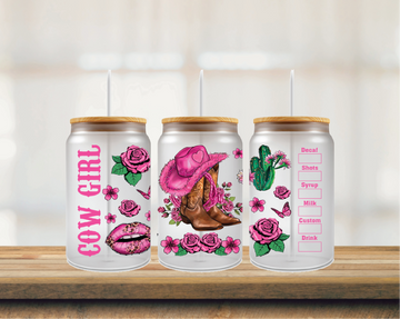 Cow Girl Pink 16oz Glass Can Wrap