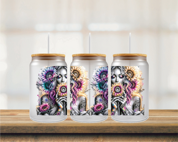 Girl & Sunflowers 16oz Glass Can Wrap