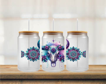 Bull Skull Purples & Blue 16oz Glass Can Wrap