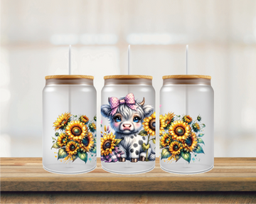 Cow with Yellow Sunflowers & Pink Bow 16oz Glass Can Wrap