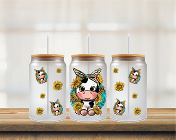 Cow with Bandana & Sunflowers 16oz Glass Can Wrap