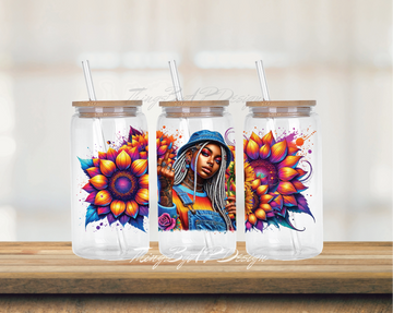 Chillin Girl w/ Sunflowers 16oz Glass Can Wrap