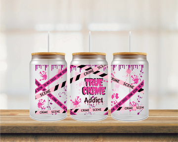 True Crime Addict Pink 16oz Glass Can Wrap