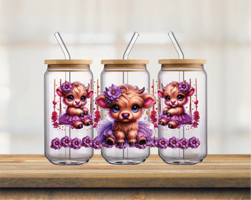 Baby Highland Cow Swinging | UV DTF 16oz Glass Can Wrap