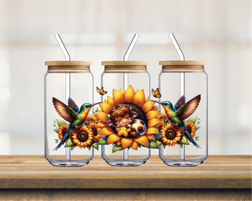 Baby sleeping cow in Sunflower with Hummingbirds | UV DTF 16oz Glass Can Wrap