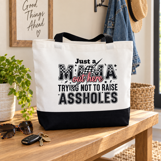 Funny Racing Mom Tote Bag – “Trying Not to Raise Assholes”