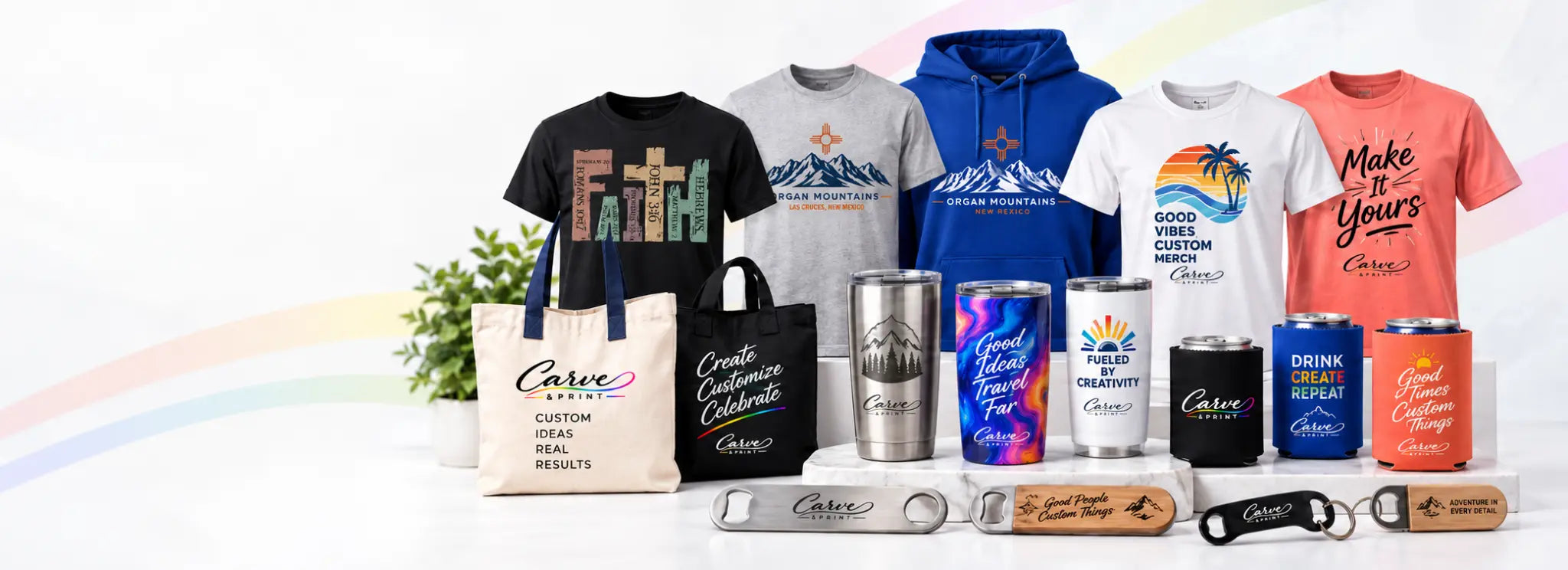 Carve and Print custom shirts, hoodies, tote bags, tumblers, can coolers and engraved bottle openers